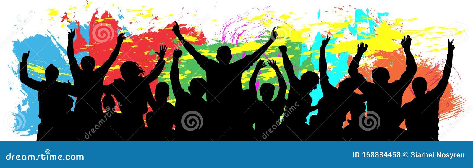 people celebrate silhouette. cheer youth. crowd friends cheer. colorful background  