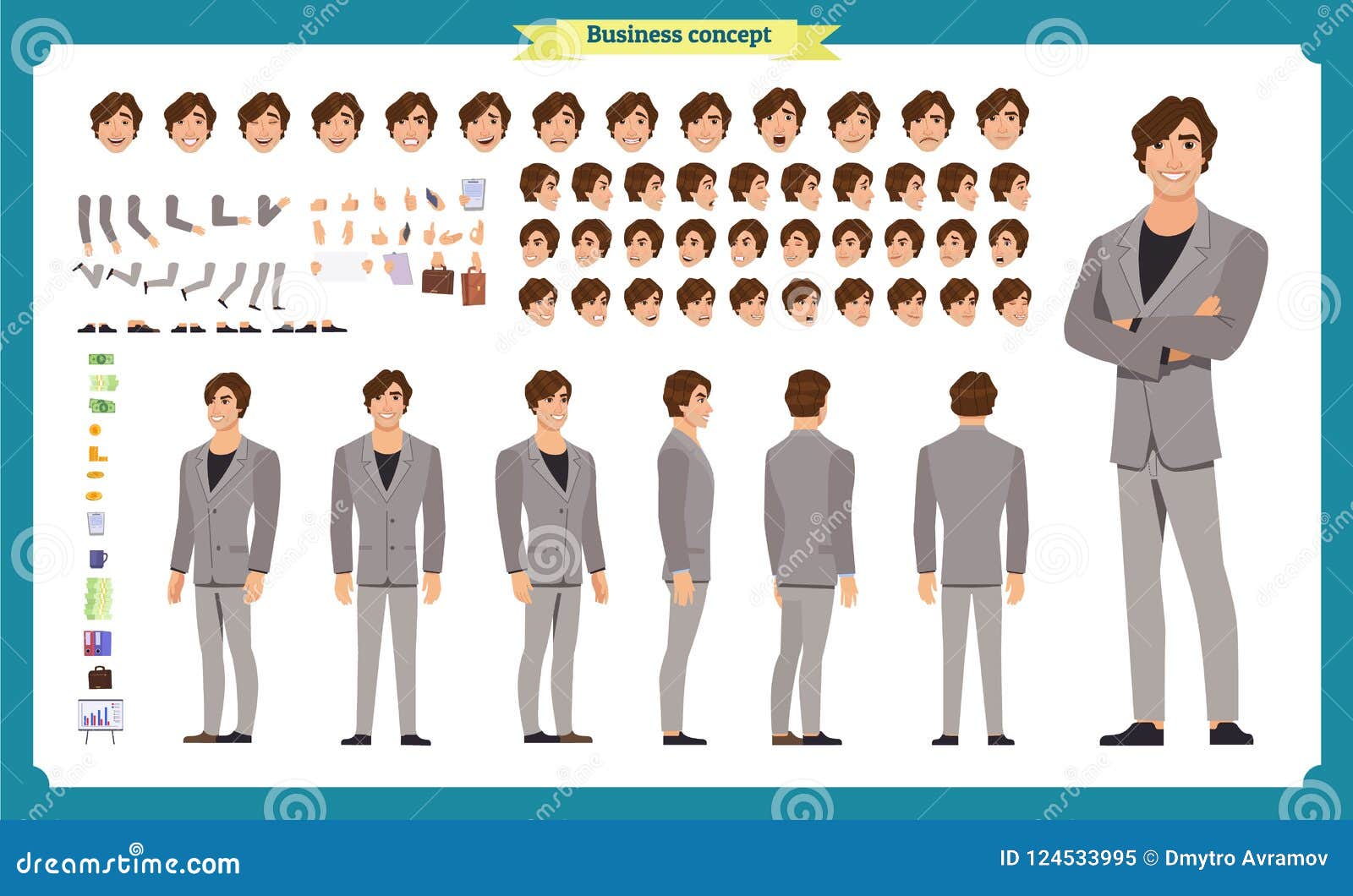 people character business set. front, side, back view animated character.businessman character creation set