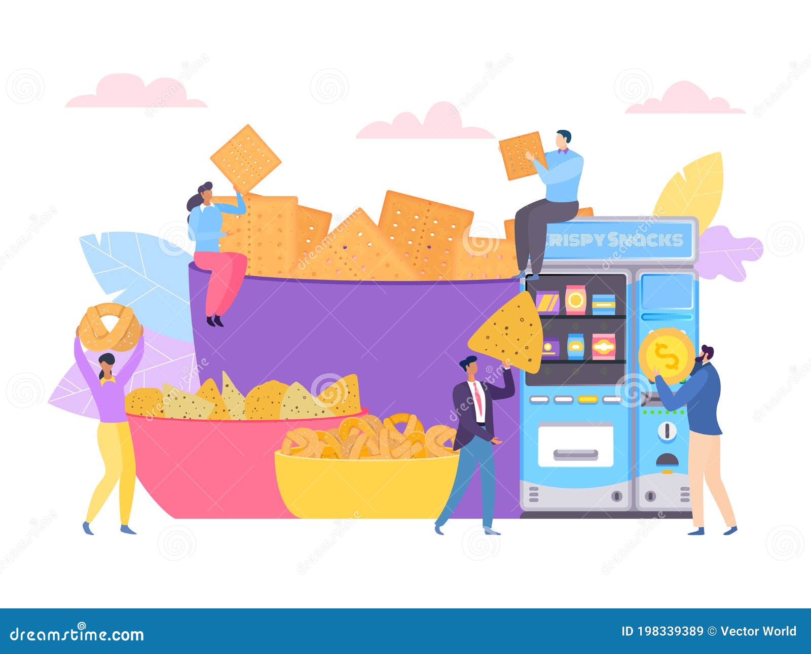 People Character Eat Snack Food, Vector Illustration. Cartoon Tiny Woman  Man Person Eating Fresh Baked Chips Production Stock Vector - Illustration  of cooking, fast: 198339389