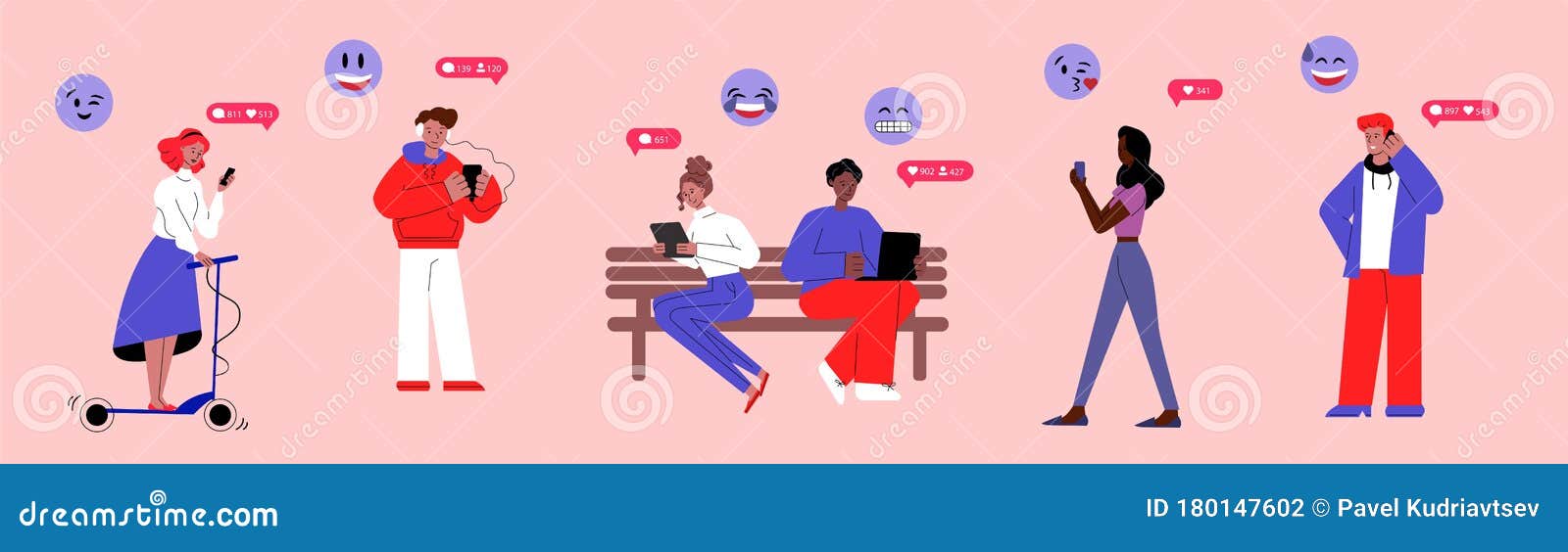People Chatting and Messaging through Gadgets Flat Vector Illustration ...