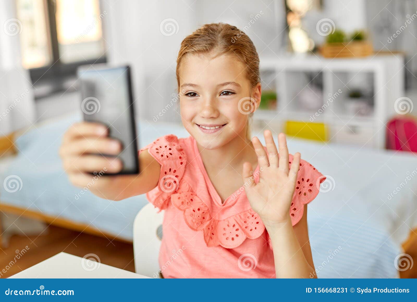 Happy Girl with Smartphone Taking Selfie at Home Stock Image - Image of ...