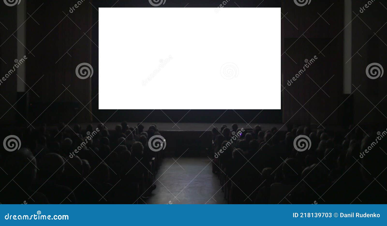 viewers in dark cinema hall with blank screen