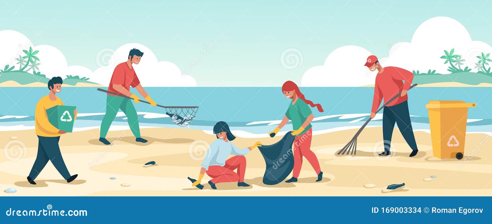 People Cleaning Beach. Cartoon Characters Collecting Trash and Save the ...