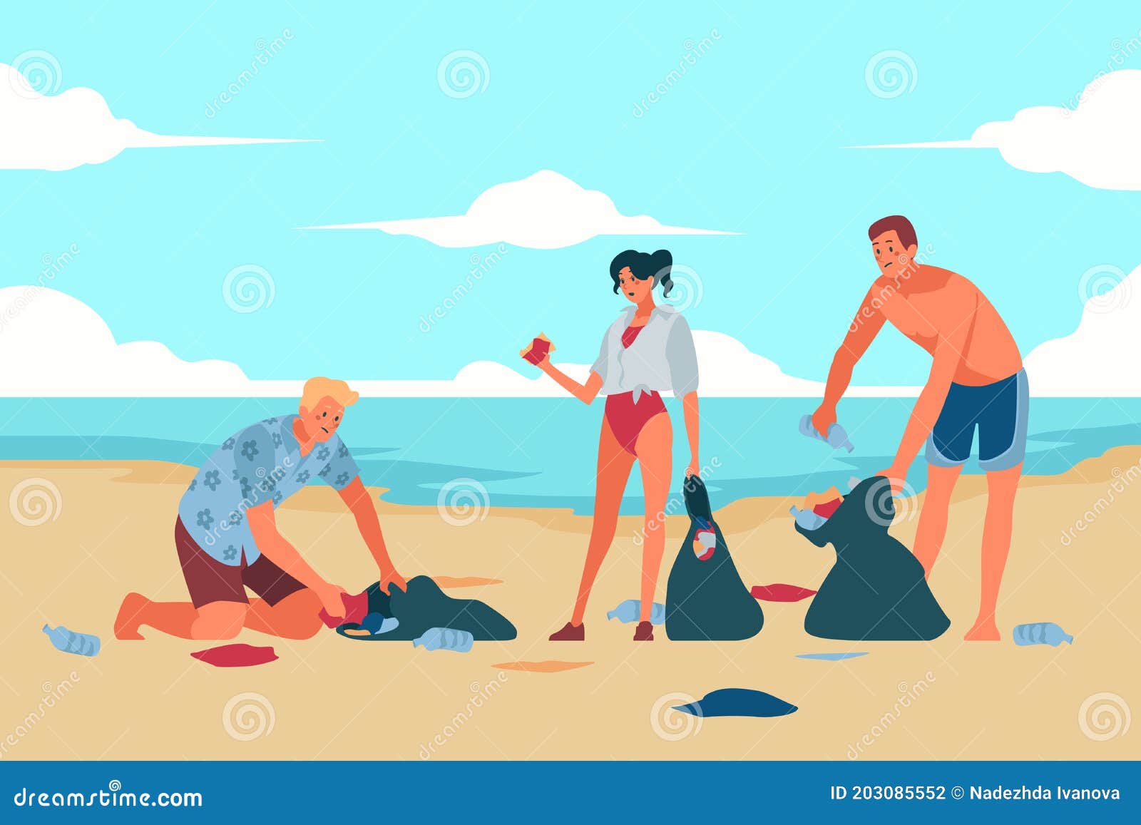 People Cleaning Beach Illustrated Vector Illustration Stock ...