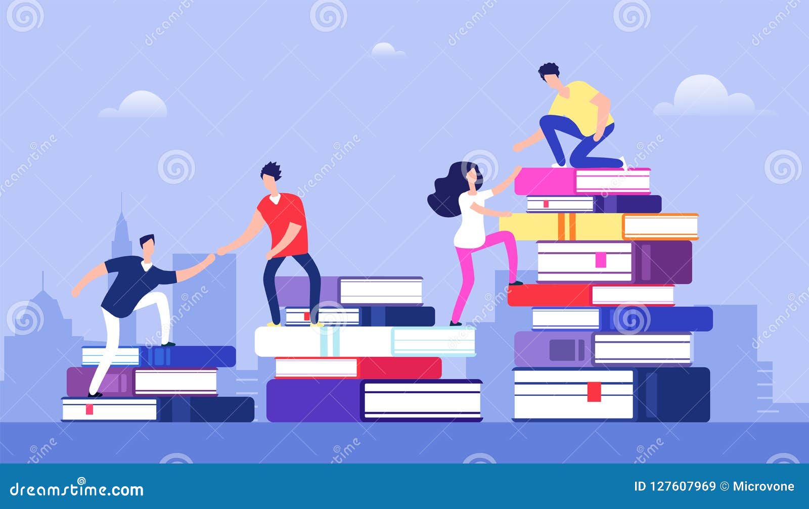 people climbing books. business success, education level and staff and skill development  concept