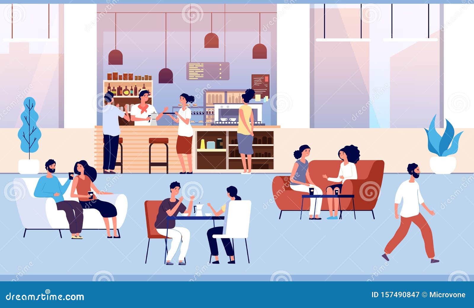 people in coffee shop. friends drink coffee with pastry in coffeehouse. persons meeting in cafe  cartoon concept