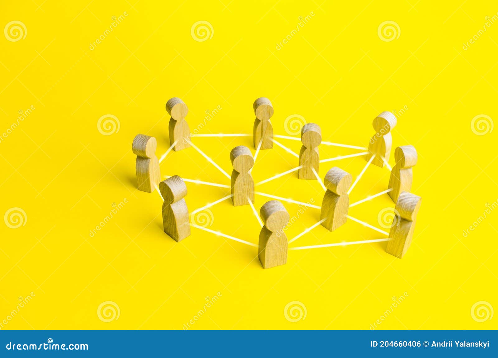 people connected by lines on a yellow background. self-organized hierarchical business company system. distribution