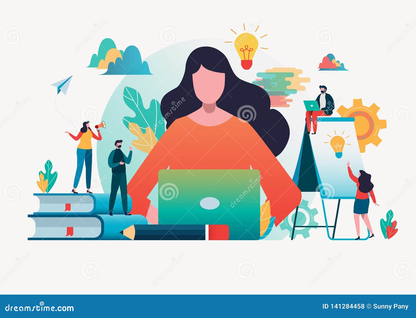 People Create Idea To  Cartoon Character Graphic Design Stock  Illustration - Illustration of background, cooperation: 141284458
