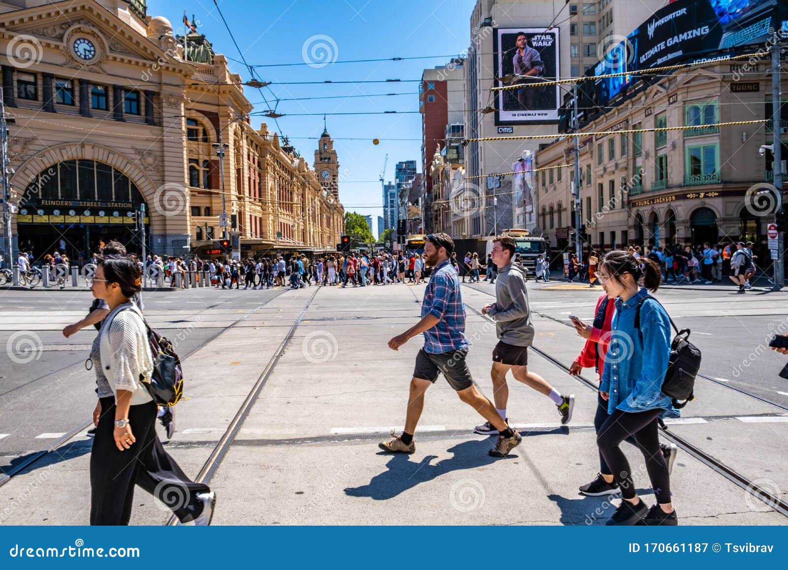 People Crossing the Busy Flinders Street in Melbourne. Editorial  Photography - Image of pedestrian, holiday: 170661187