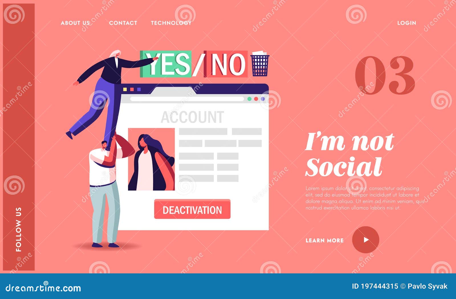 people deleting private information in internet, account deactivation landing page template. female character at network