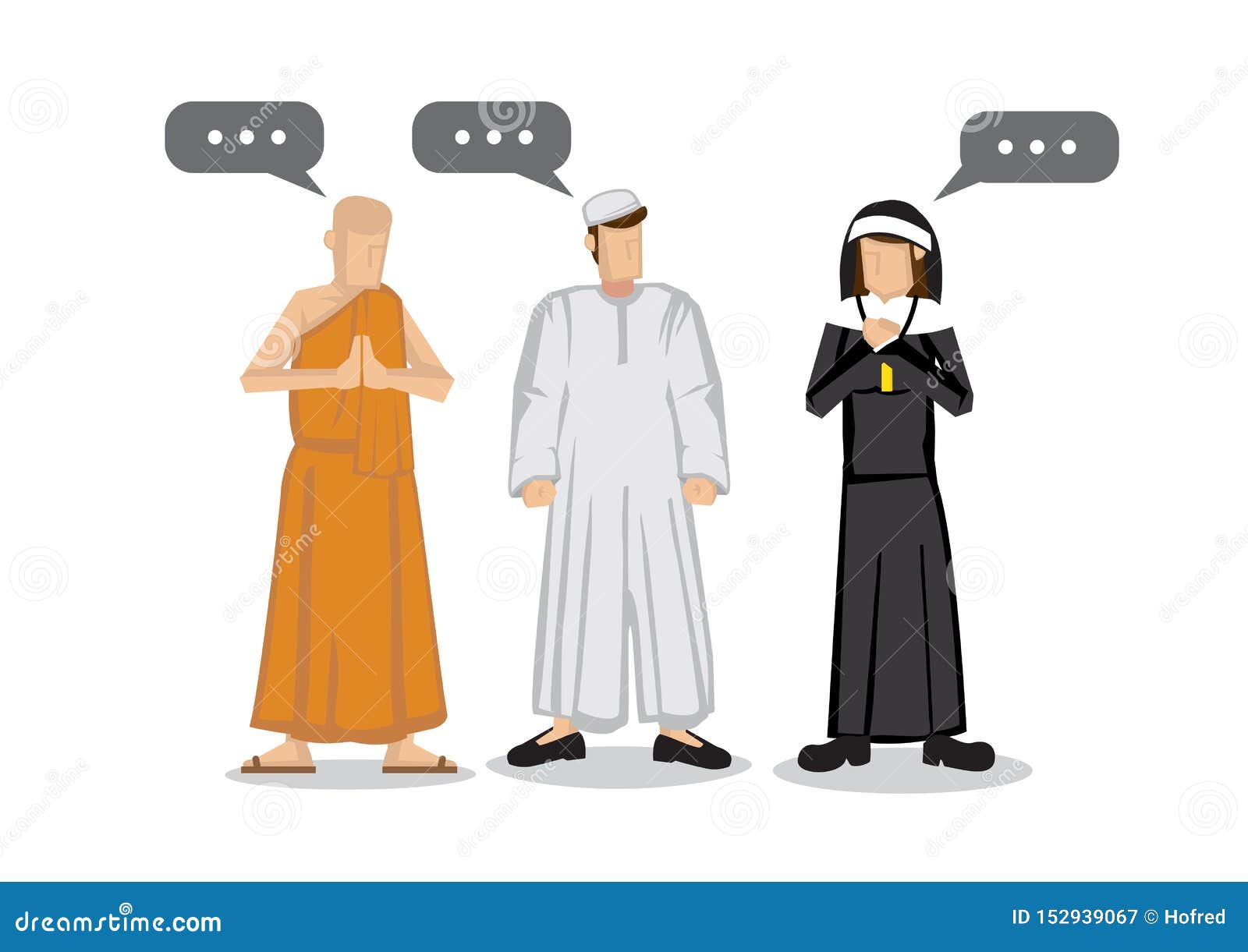 people of different religions. islam muslim, buddhism monk and a christianity nun. friendship and peace conversation between