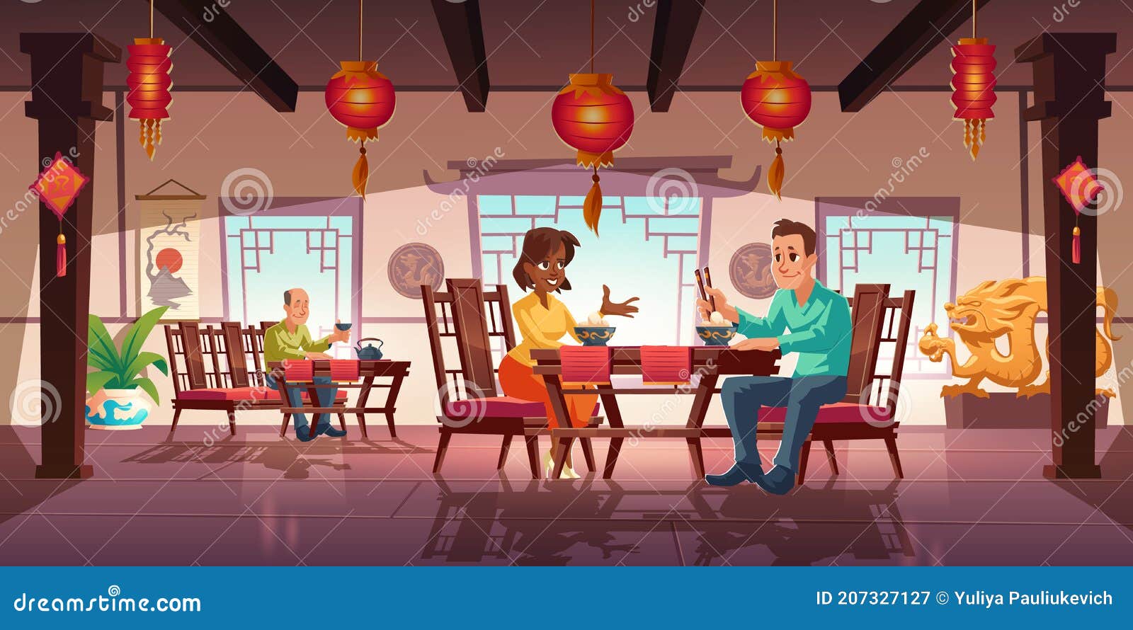 People Dining in Asian Restaurant or Cafeteria Stock Illustration ...