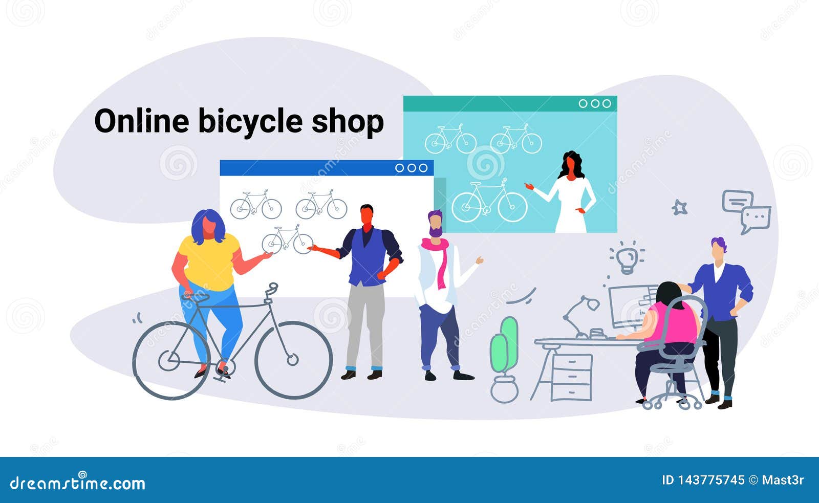 People Doing Online Shopping Bicycle Web Shop Concept Men Women Choosing New Bike Using Computer Application E-commerce Stock Vector