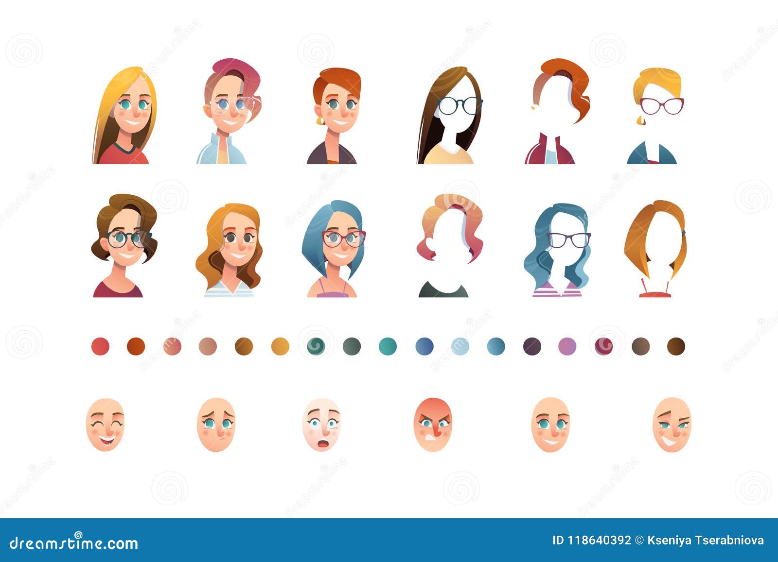 People Face Set Creator. Flat Icon. Person Avatar Illustrations. Young  Woman. Cartoon Style, Isolated Stock Vector - Illustration of emotion,  facial: 118640392