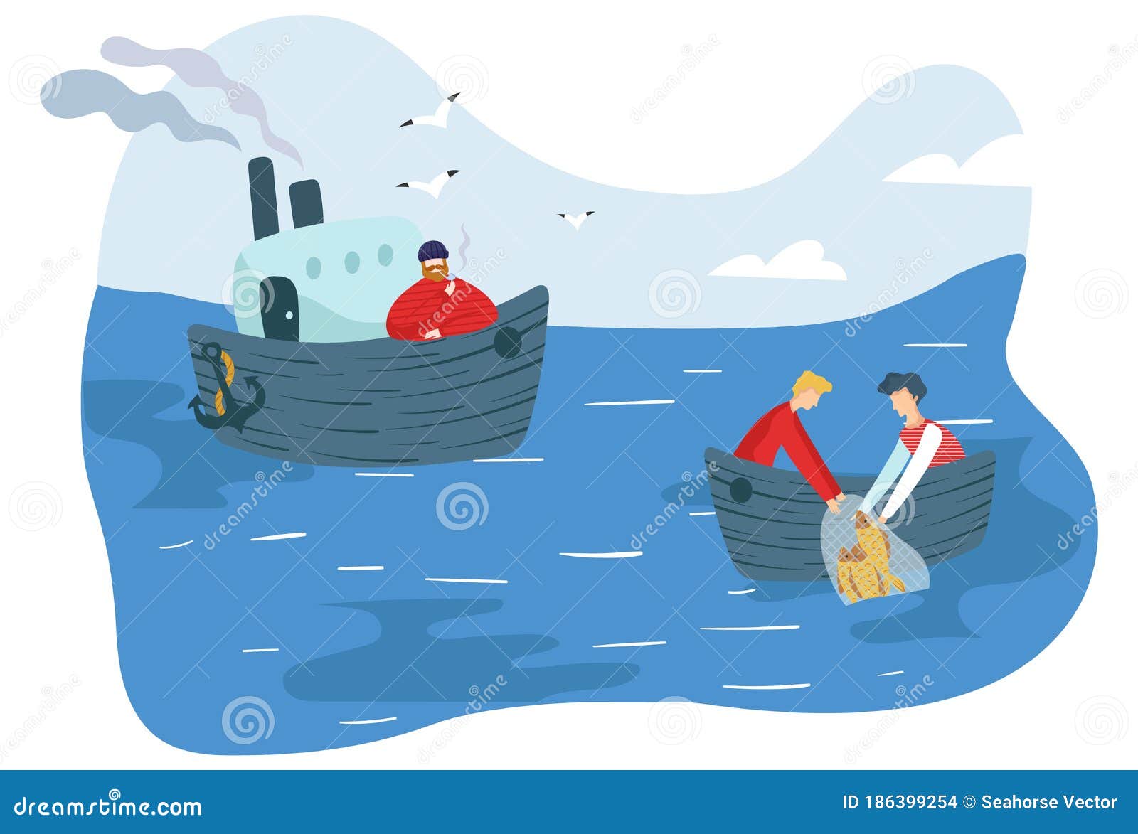 People Fishing in Sea, Simple Cartoon Characters, Vector