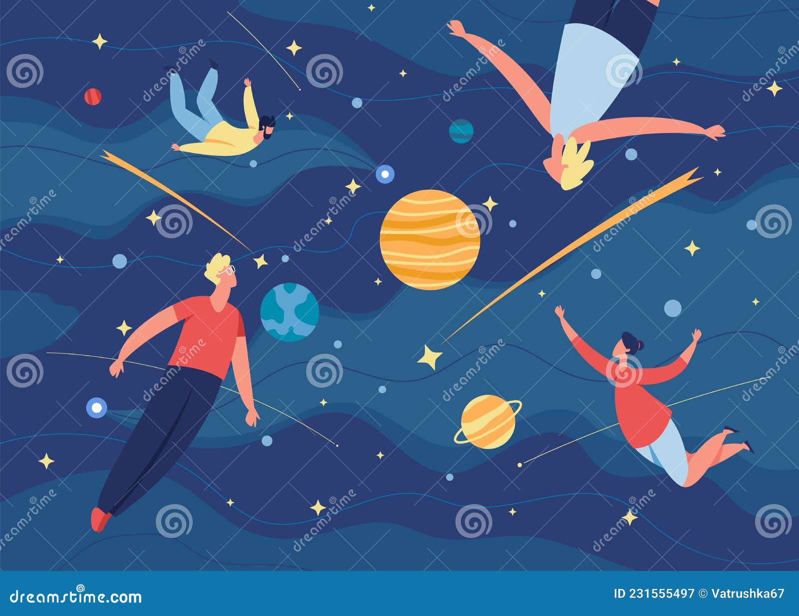 people flying in space, characters floating in zero gravity. men and women fly in dreams, imagination, creative