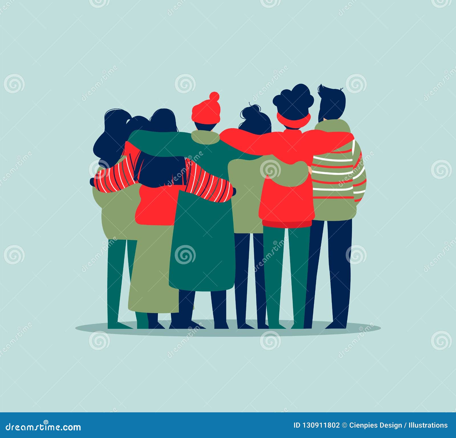 people friend group hug in winter holiday clothes