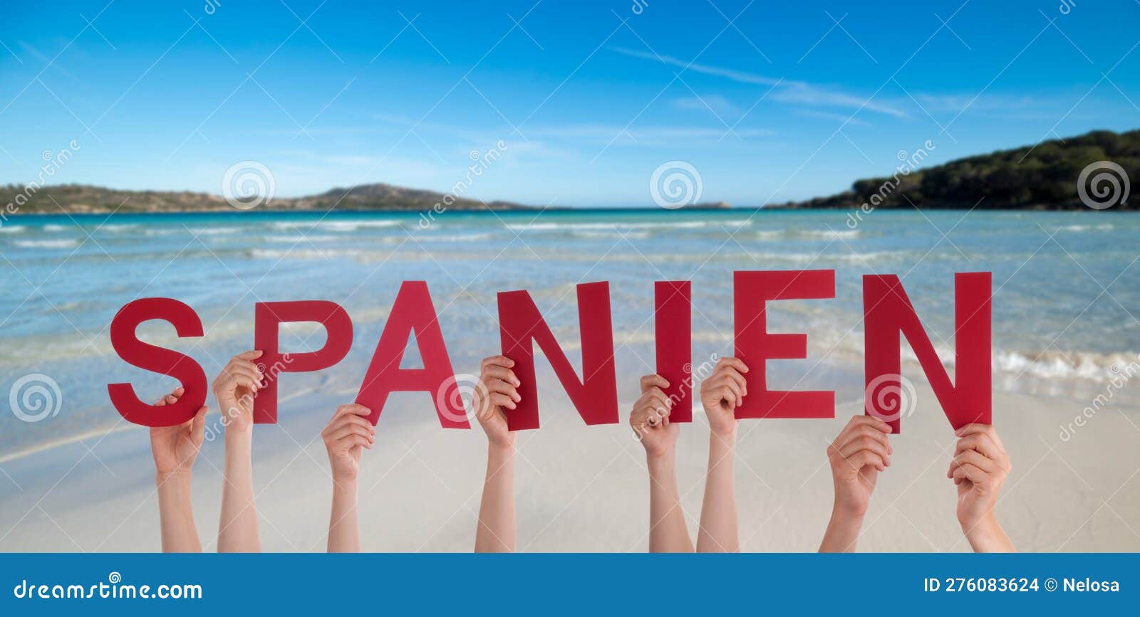 people hands building word spanien means spain, ocean and sea
