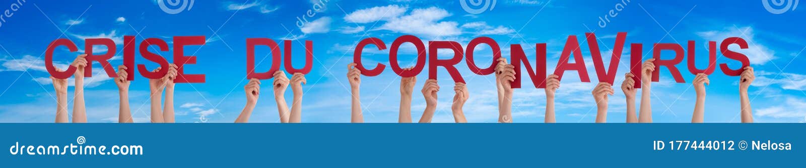 people hands holding word crise du coronavirus means corona crisis, blue sky