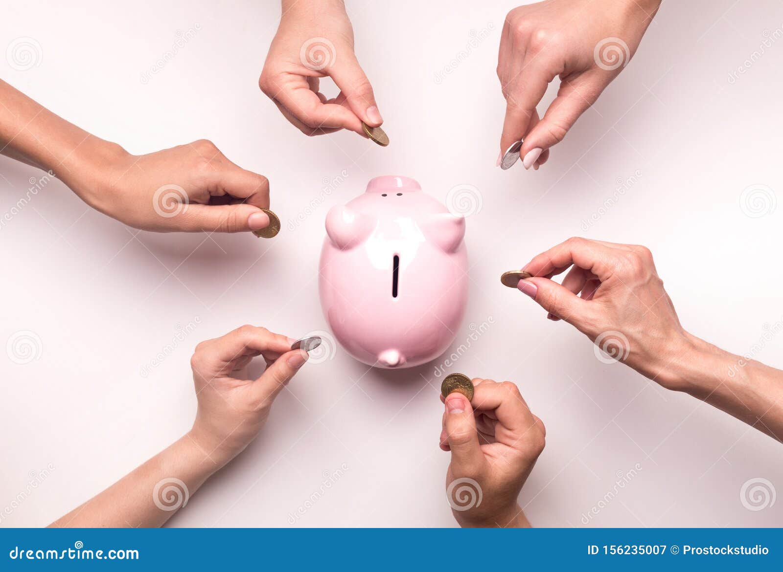 people hands throwing coins in piggy bank for crowdfunding