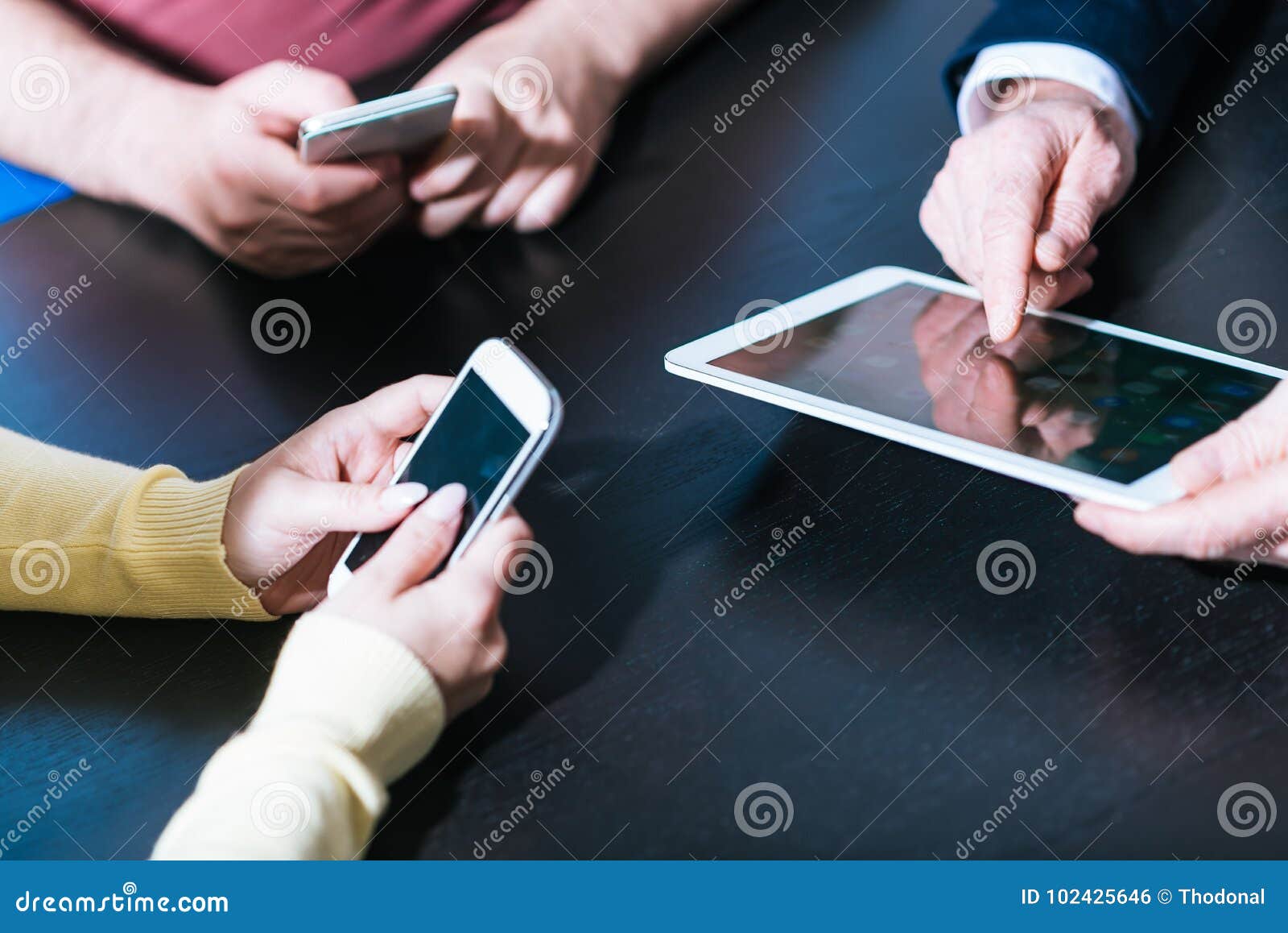 people hands using mobile phones and digital tablet