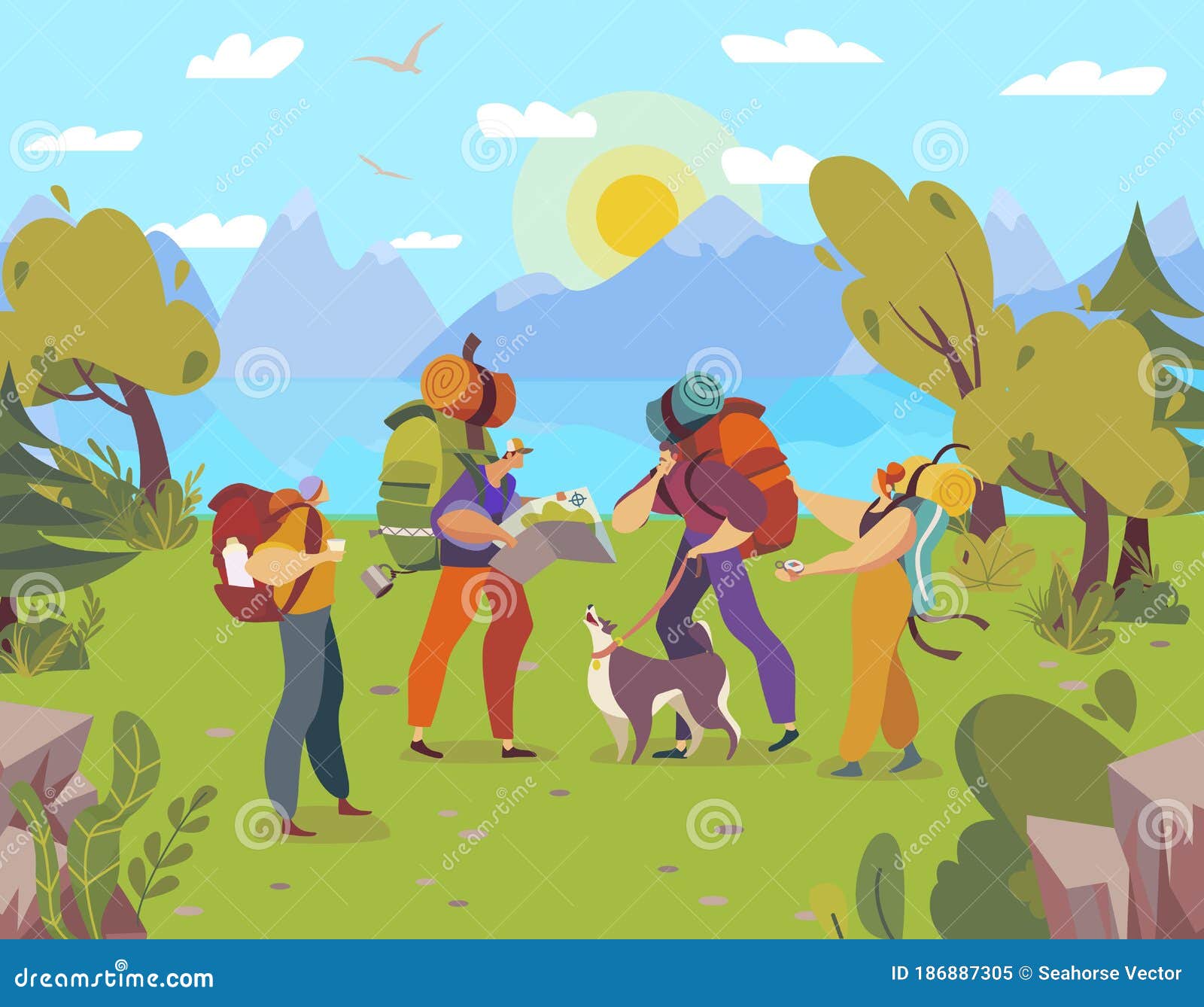 People Hiking With Backpacks Cartoon Characters Trekking In Nature