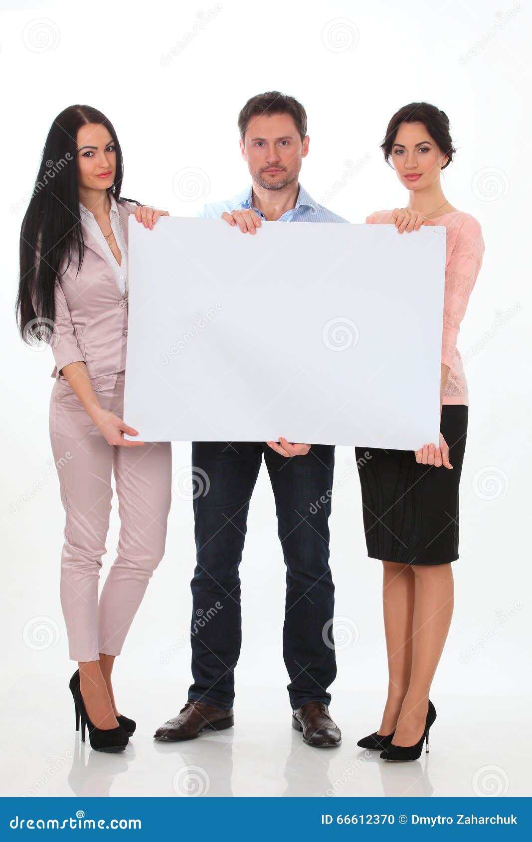 People Holding Copy Space and Smiling at Camera while Isolated on White ...