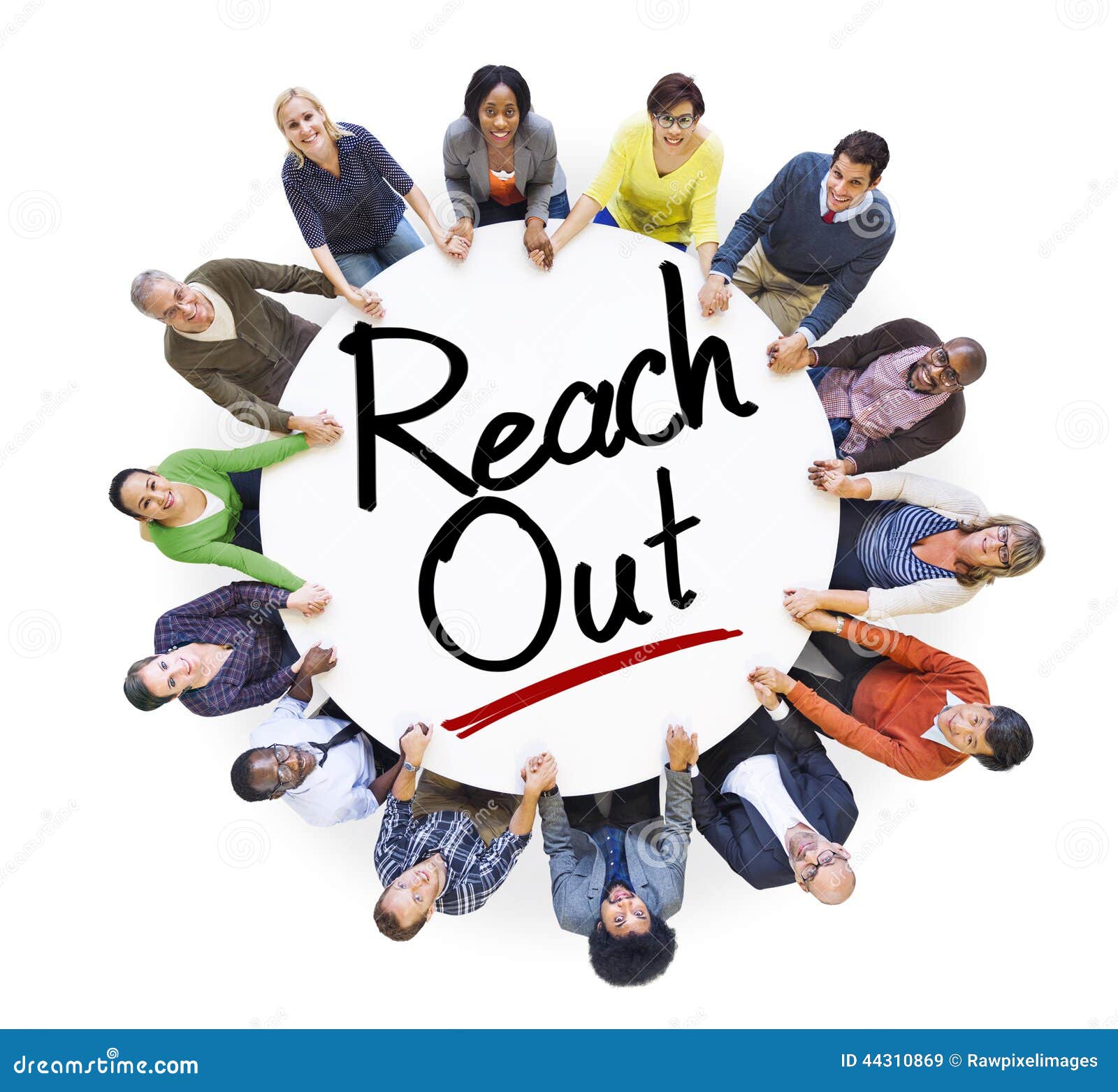 people holding hands around the word reach out