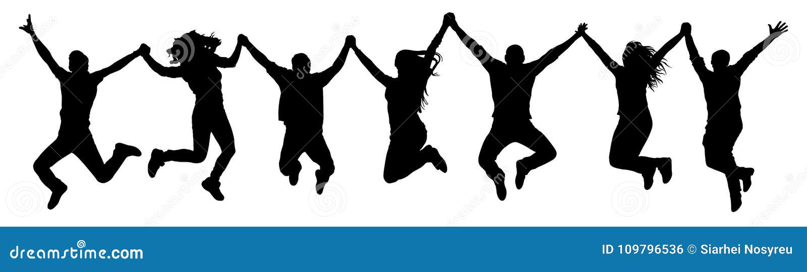 people holding hands in a jump silhouette. funny friends jump background.