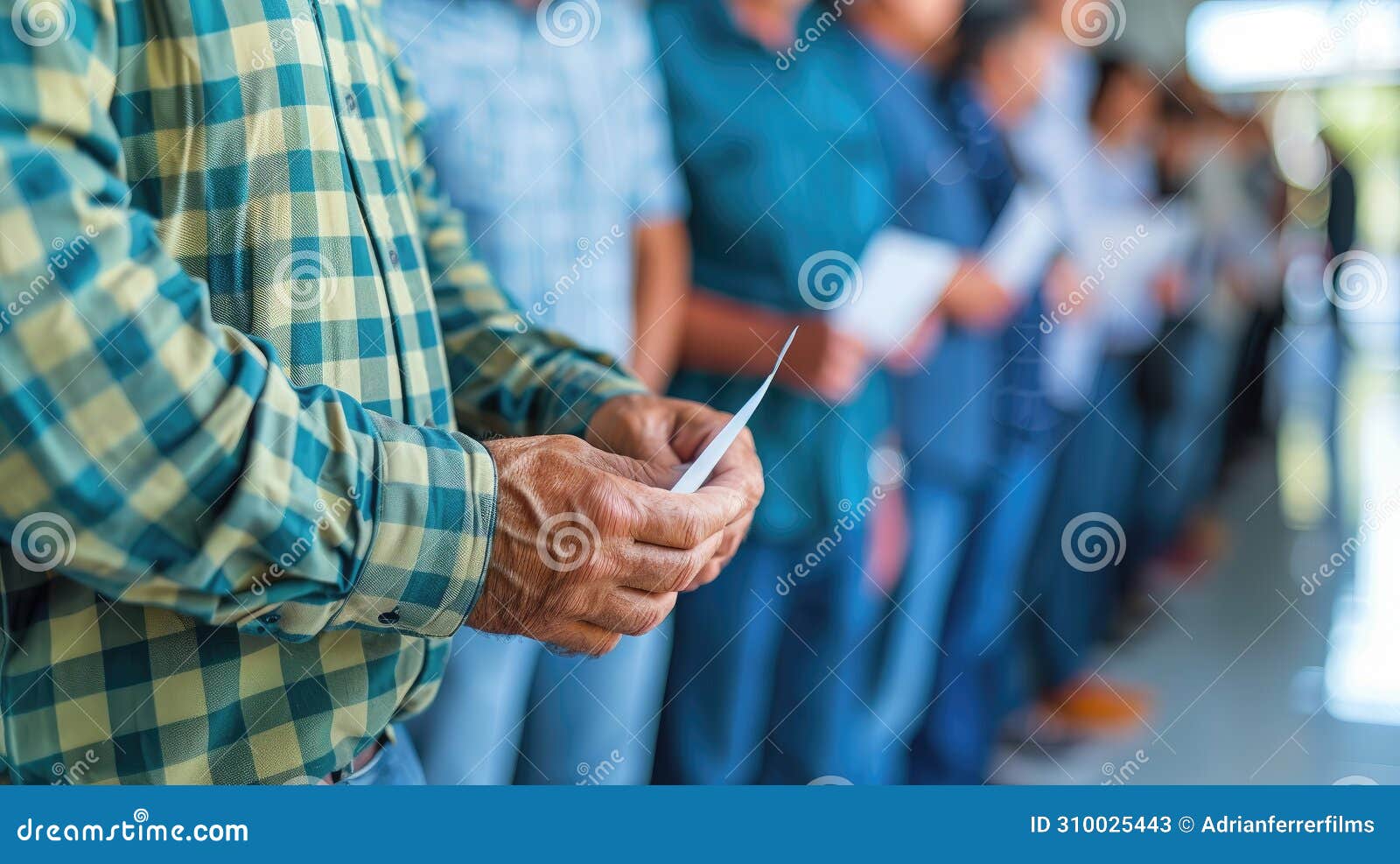 People Holding Papers in a Line, Closeup on Hands. Stock Illustration
