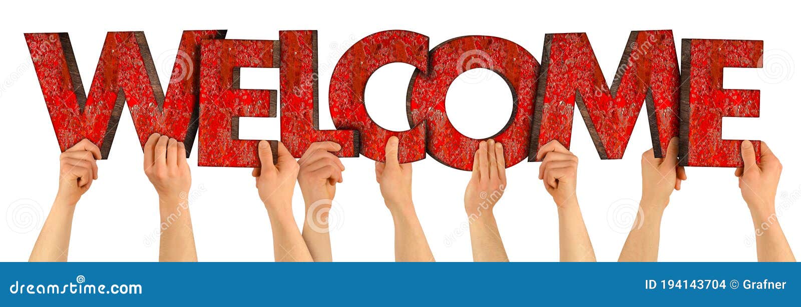 people holding up colorful red wooden letter with word welcome  white background. family reunion see meet gain arrival and