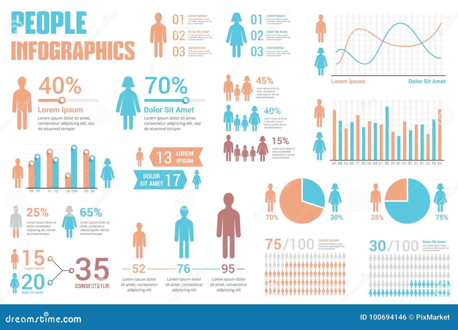 People infographics for reports and presentations - percents, bar and line graphs, pie charts