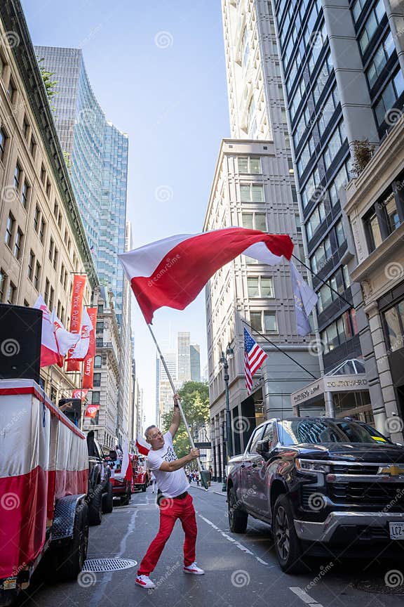 People Marching 5th Ave during Pulaski Day Parade. Editorial Stock