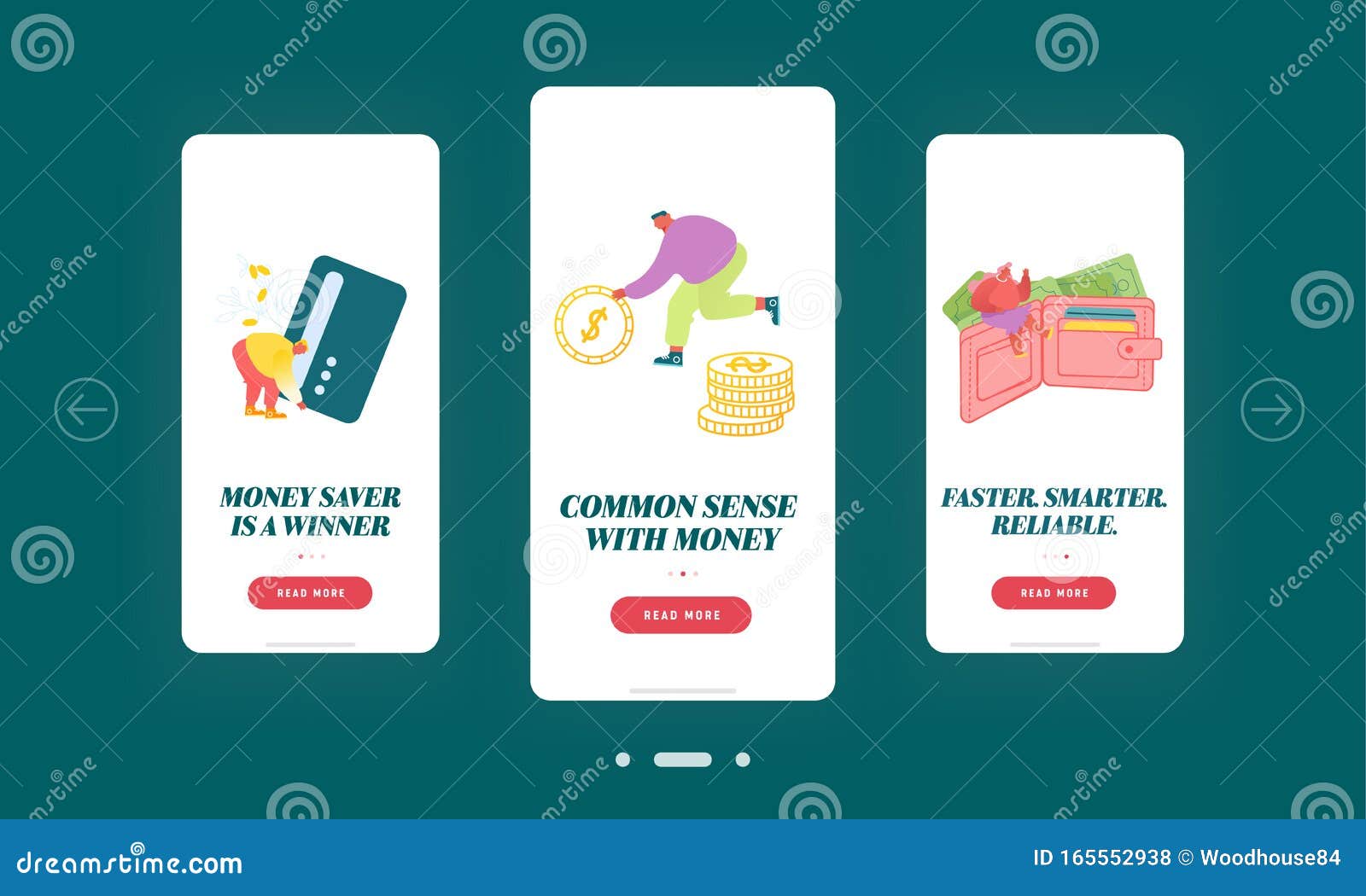 people money mobile app page onboard screen set woman huge purse business man use credit card rolling golden coin concept 165552938