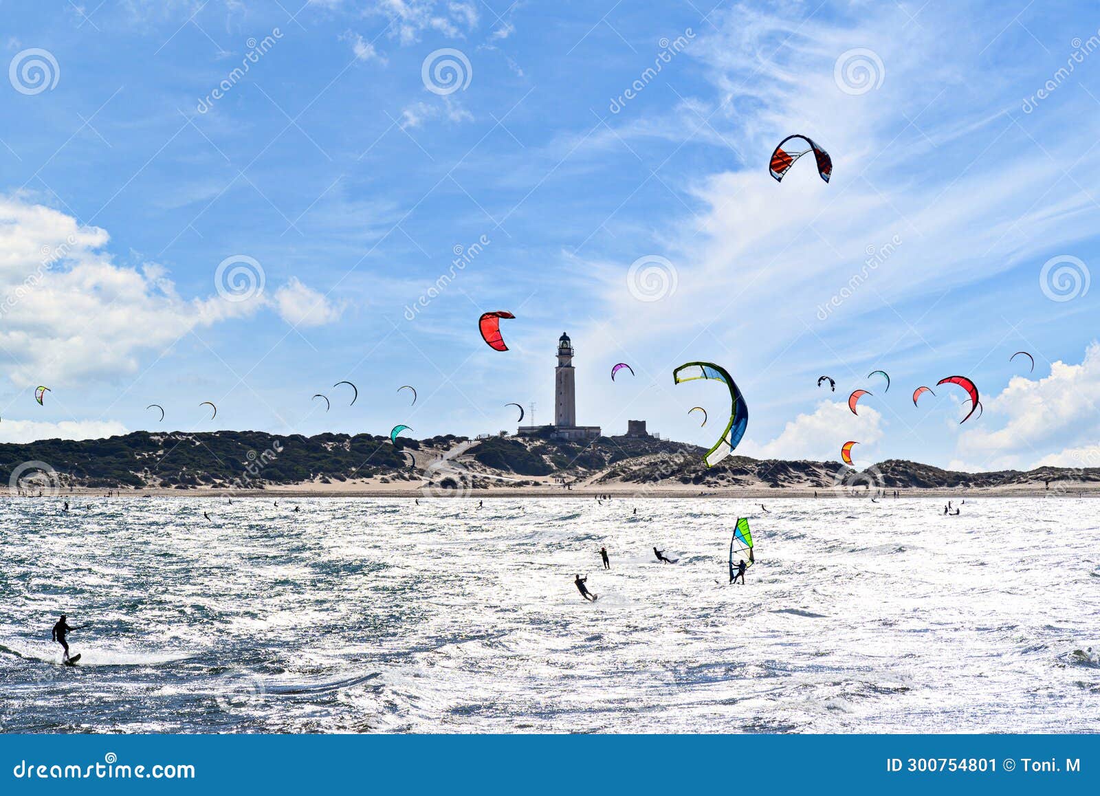 kitesurfing on the beach of los caÃ±os de meca, barbate, cadiz