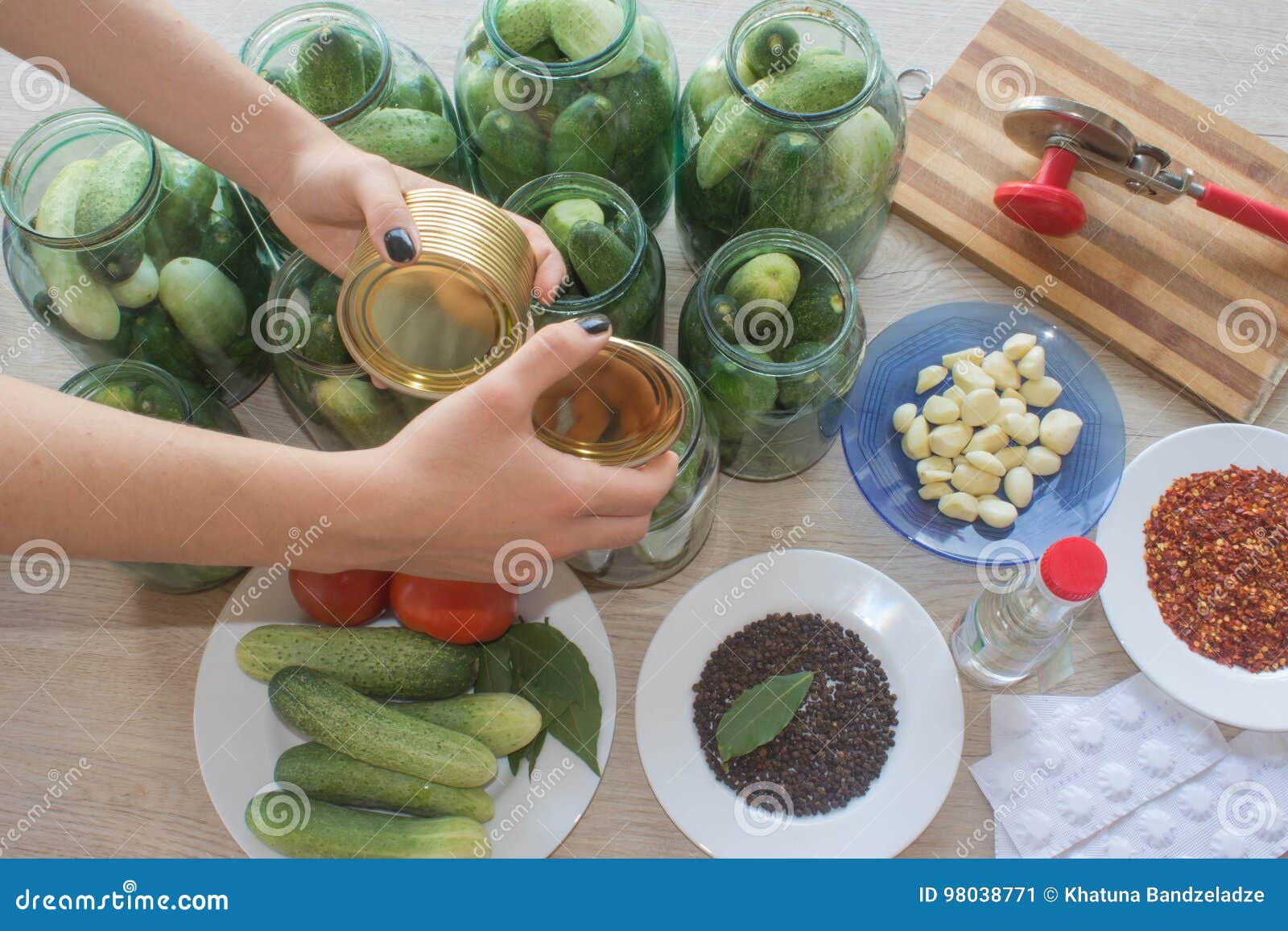 People are Preparing in the Kitchen. Pickling Cucumbers, Preparation for Winter Salting Stock