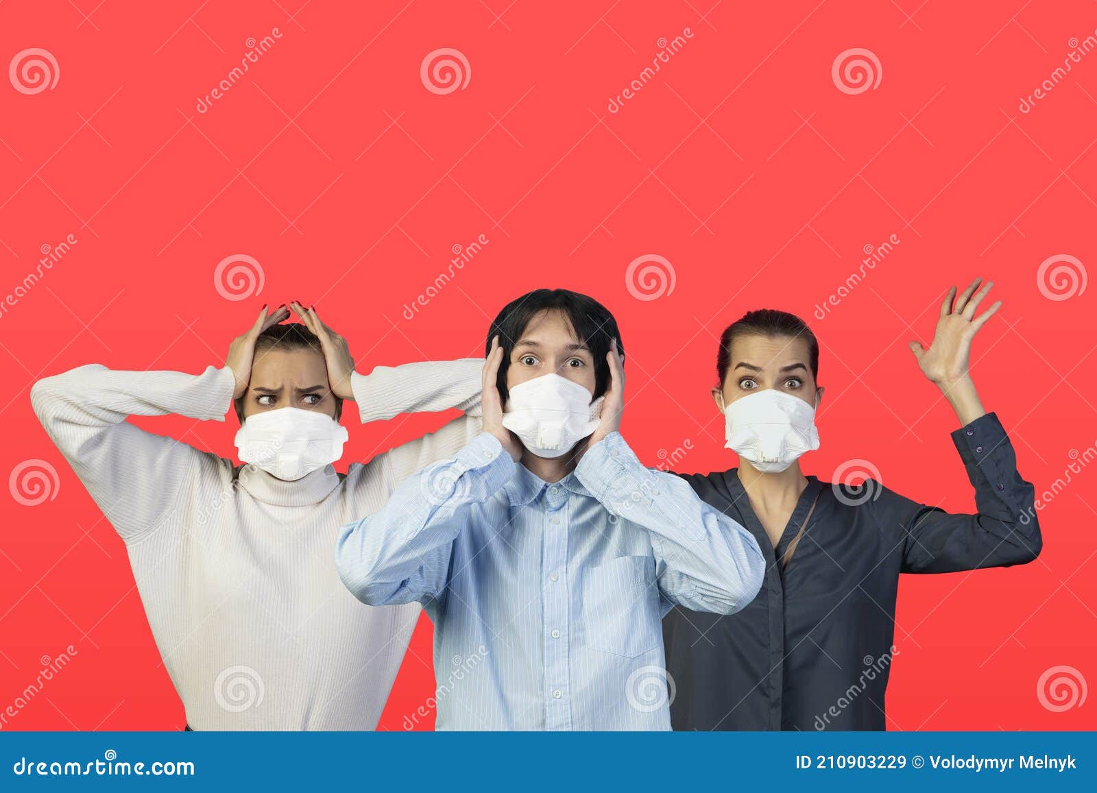 People in Protective Face Masks Isolated on Red Studio Background. New