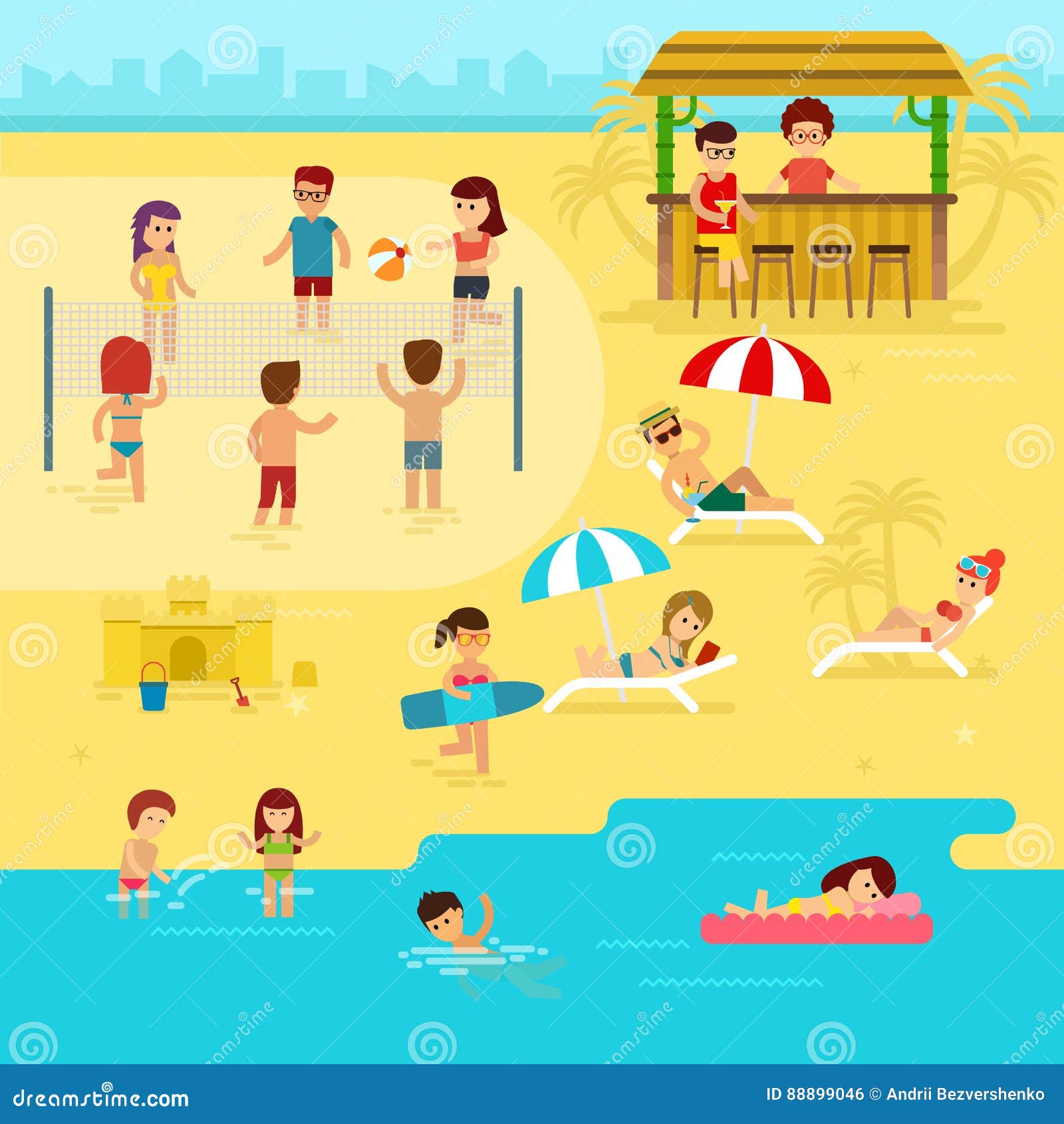 People are Resting on the Beach, Summer Vacation by the Sea Vector Flat ...