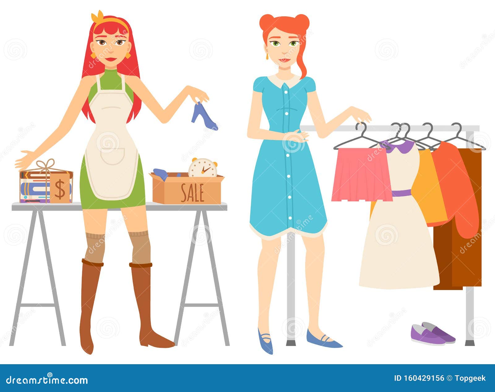 Woman Shopping, Clothes Store and Books Sale Set Stock Vector
