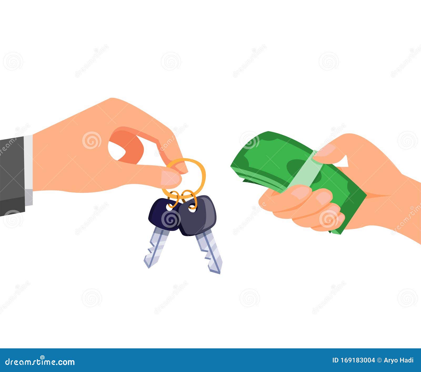 People Sell Buy Or Trade Human Hand Holding Key And Money Business Transaction Cartoon Flat