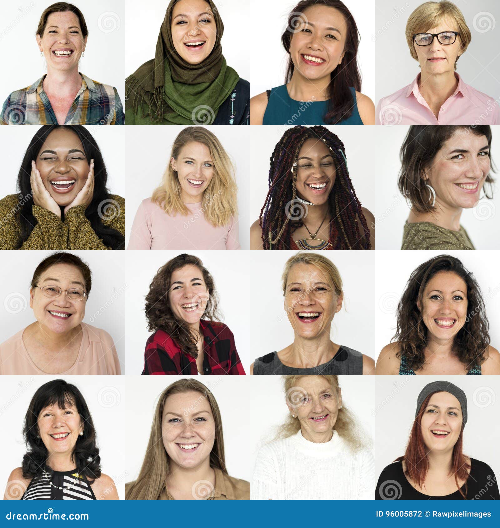 people set of diversity women with smiling face expression studio collage