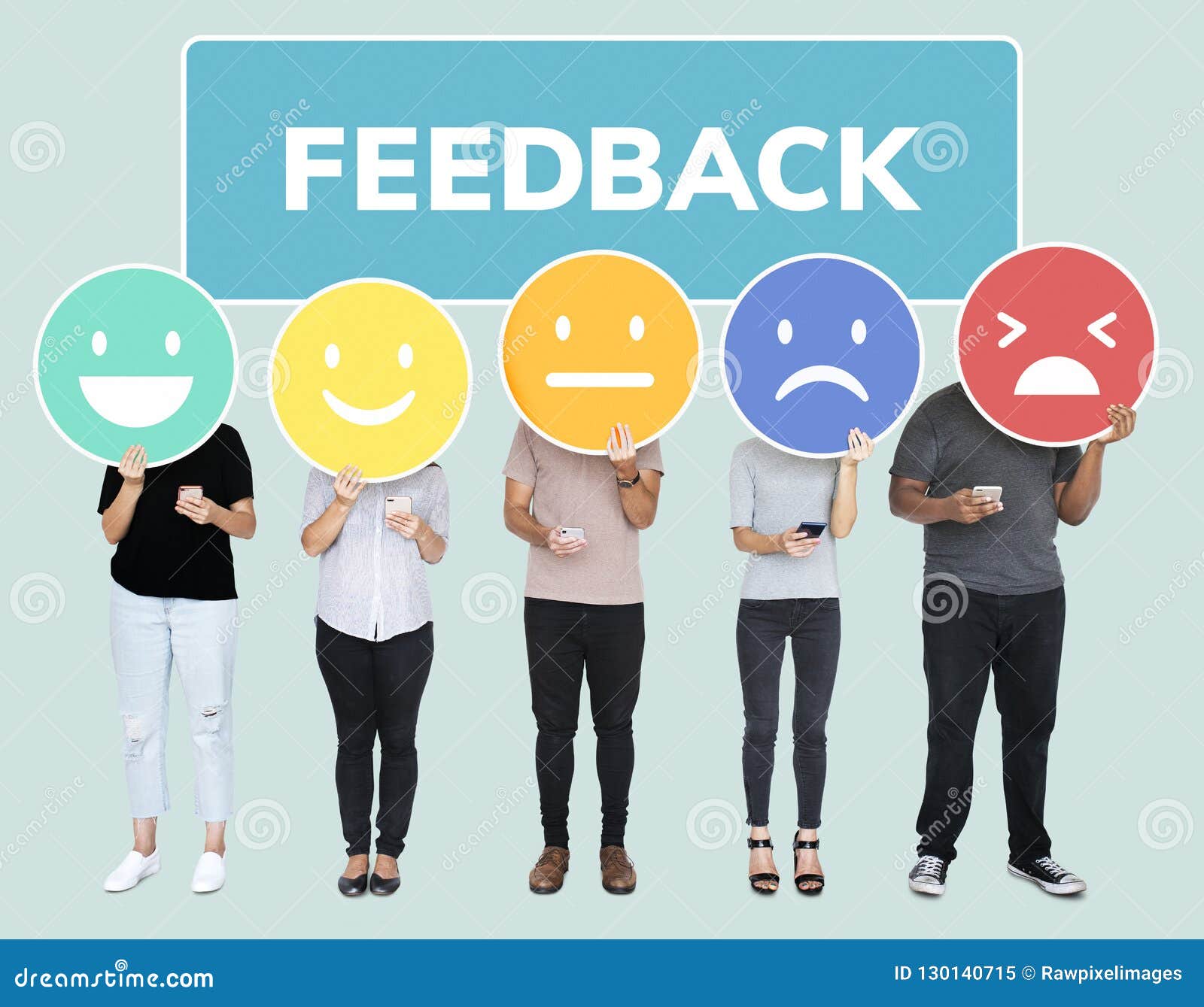 people showing customer feedback evaluation emoticons