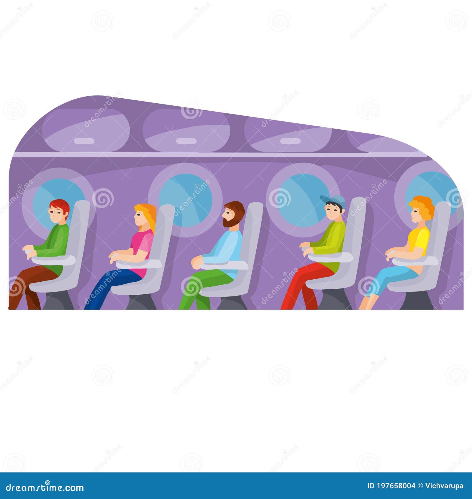 People Sitting In An Airplane Seat, Passengers ,, Cartoon Illustration