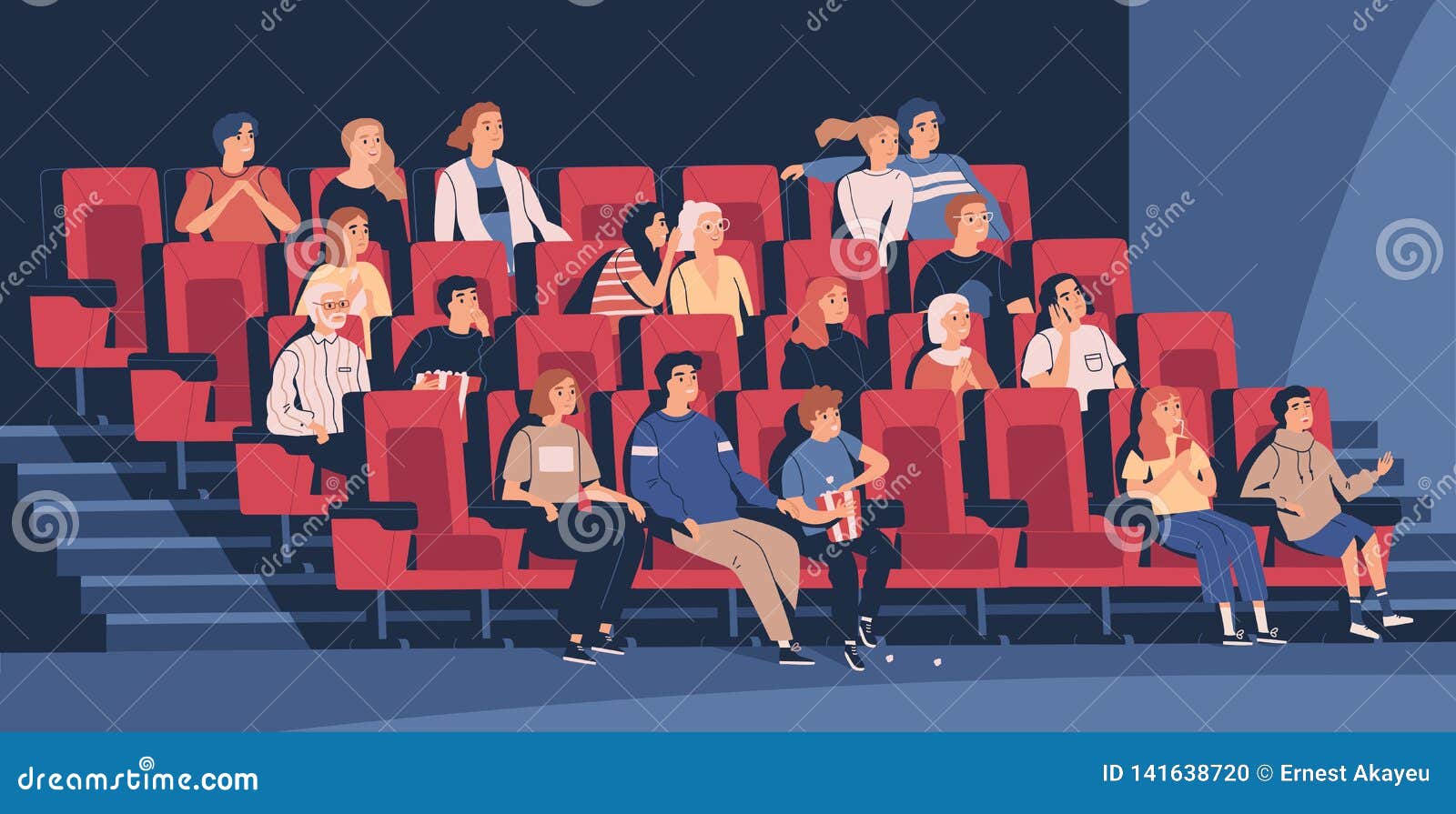 people sitting in chairs at movie theater or cinema auditorium. young and old men, women and children watching film or