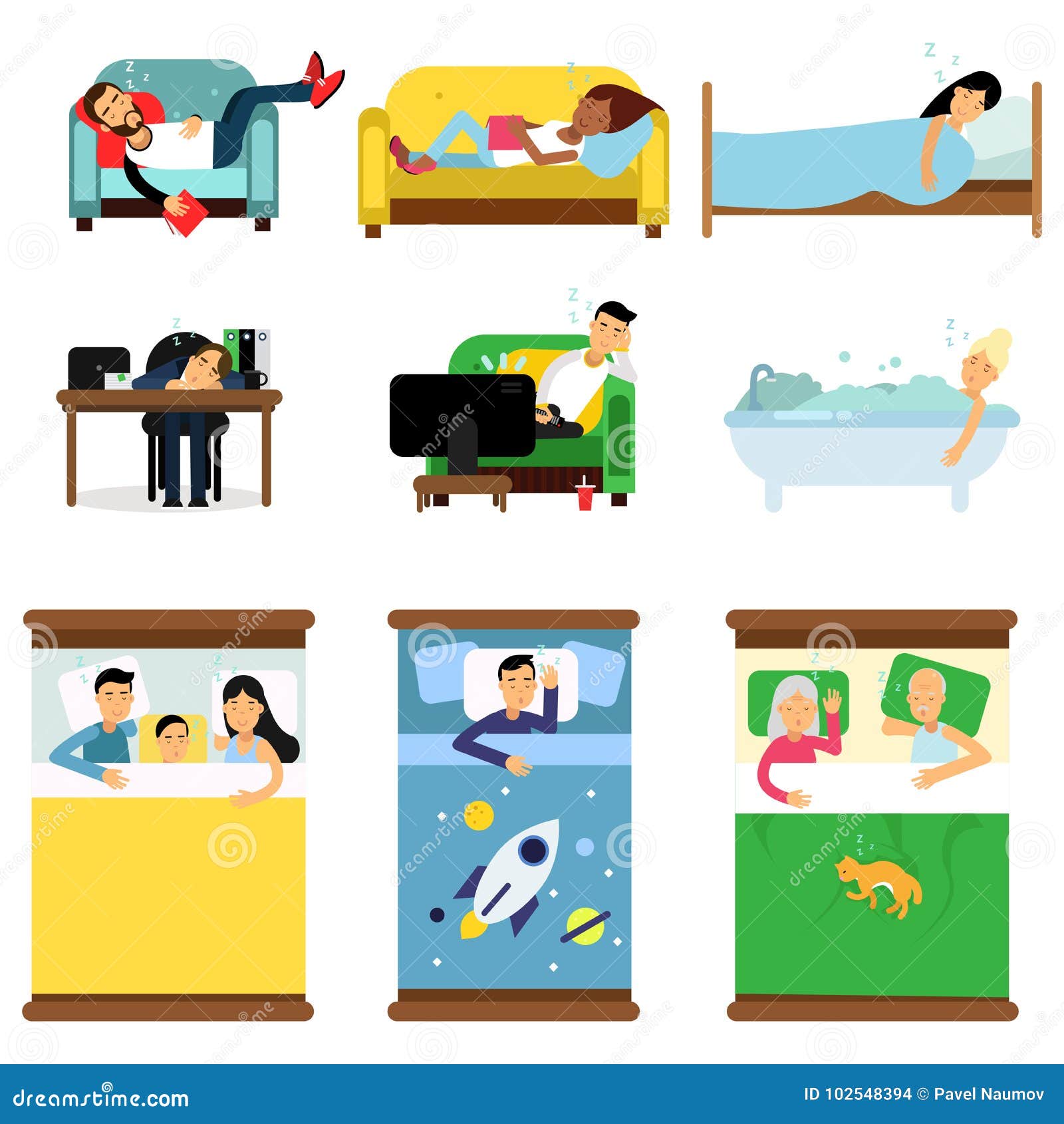 People Sleeping at Home, at Work Set, Men and Women Sleeping in Bed, Sofa  with Kids, Pets, Together Cartoon Vector Stock Vector - Illustration of  bedroom, family: 102548394
