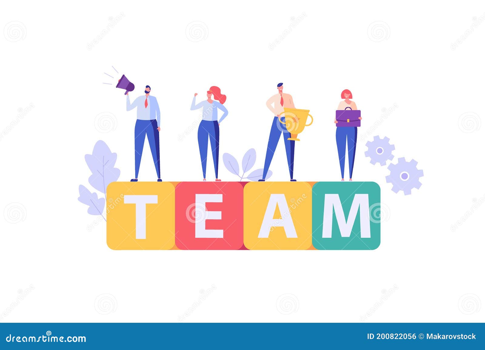 people standing on cubs with word team, shout, reward cup. concept of teambuilding, successful teamwork, corporatism, workflow,