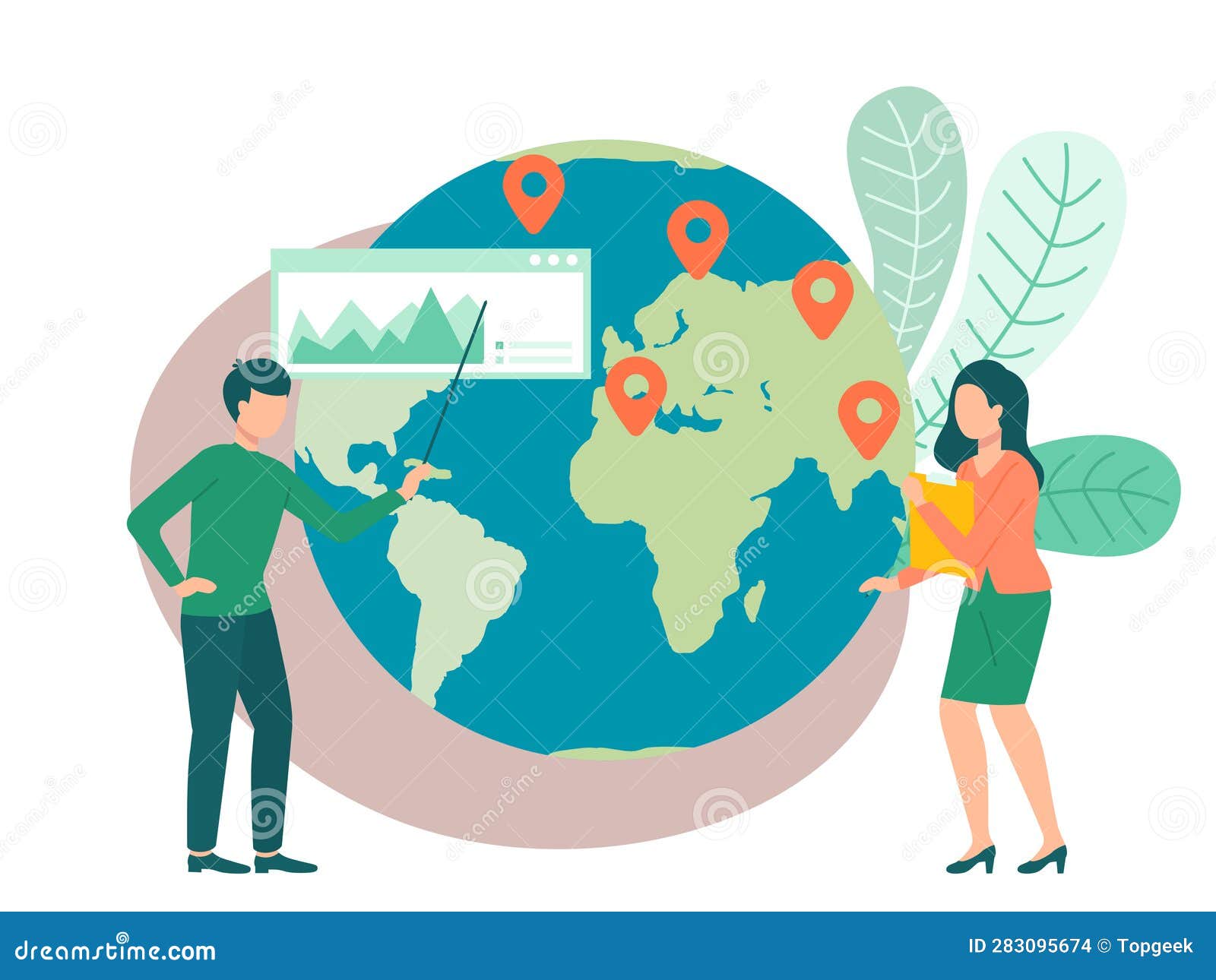 People Standing Near Earth with Geo Marks. Characters Work with