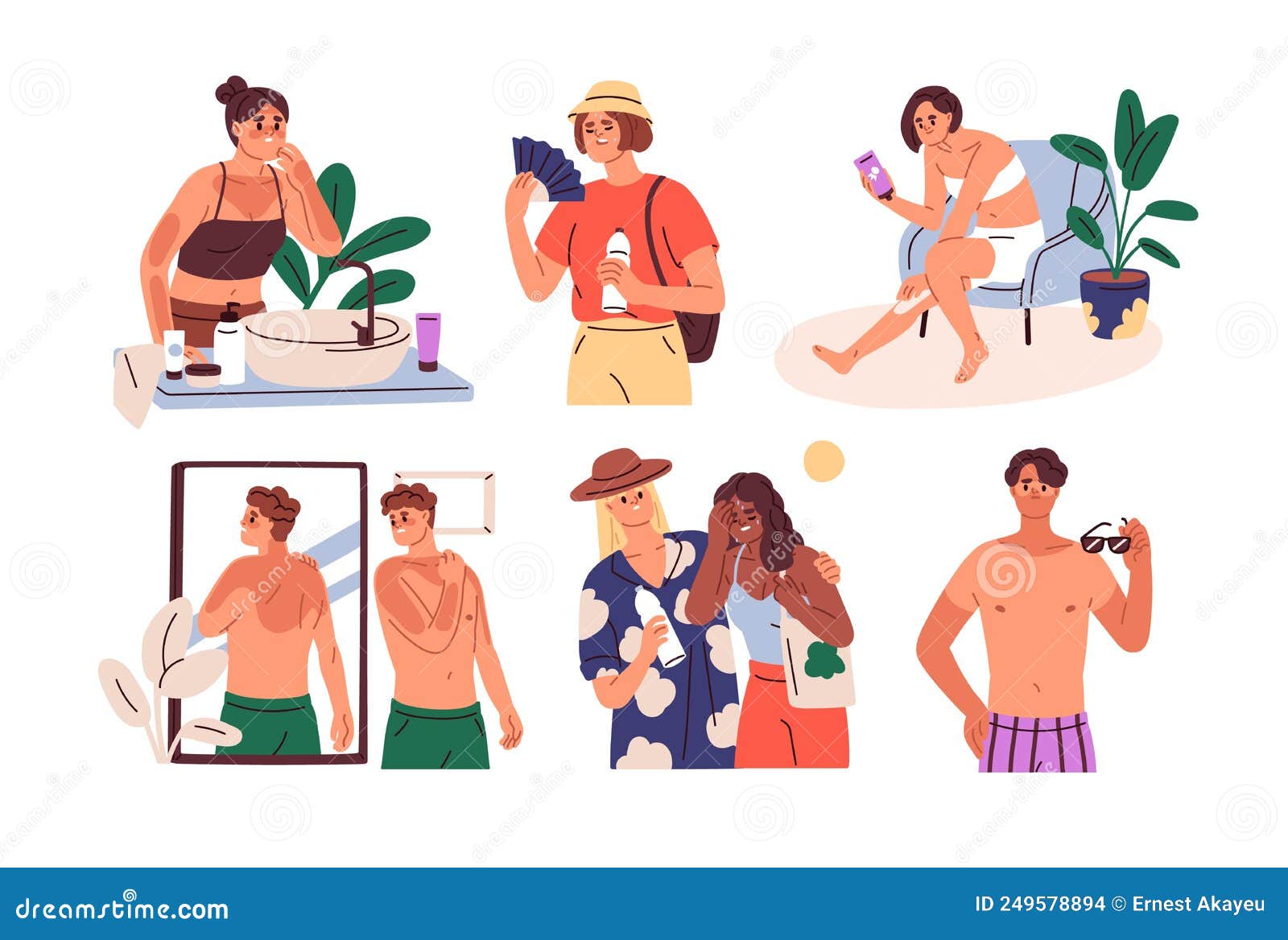 people with sunburn, sunstroke in summer heat. men and women with sun stroke, burned and tanned body skin, dehydration