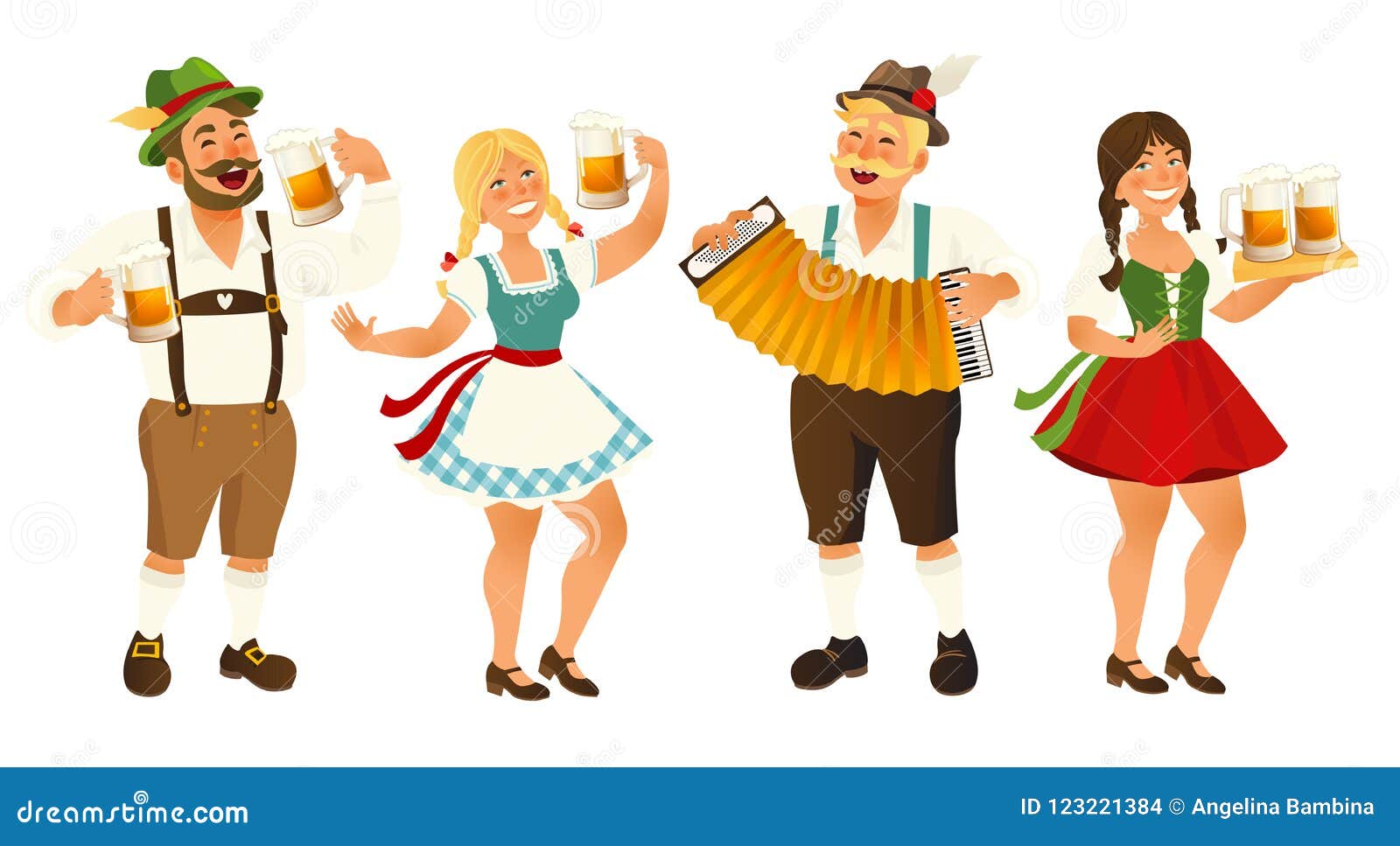 people in traditional german, bavarian costume holding beer mugs, oktoberfest, cartoon    on