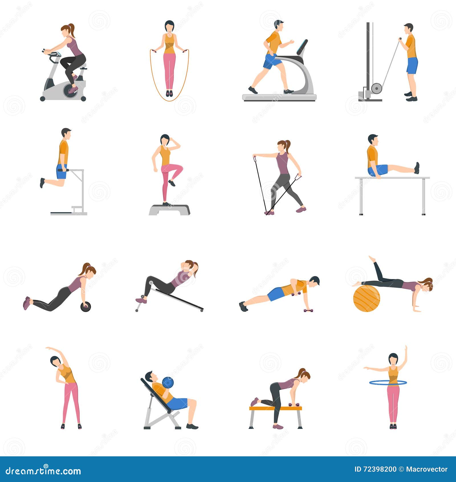 People Training at Gym Icons Set Stock Vector Illustration of bend